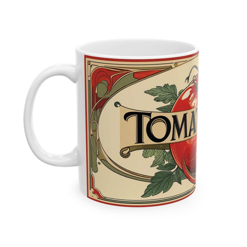 Vibrant 11oz ceramic Mug - Tomato Soup Mug, Delicious flavour with a colorful design resting on a modern wooden kitchen counter.