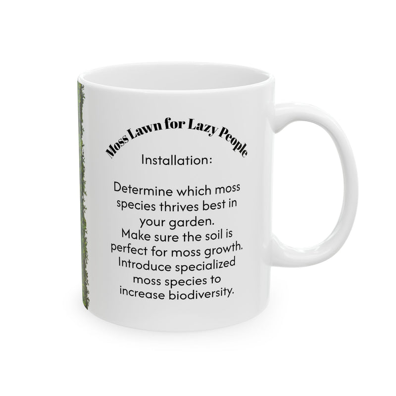 Eco-friendly 11oz Moss Lawn for Lazy People Mug | Funny Gardening Coffee Cup standing right next to green botanical house plants.