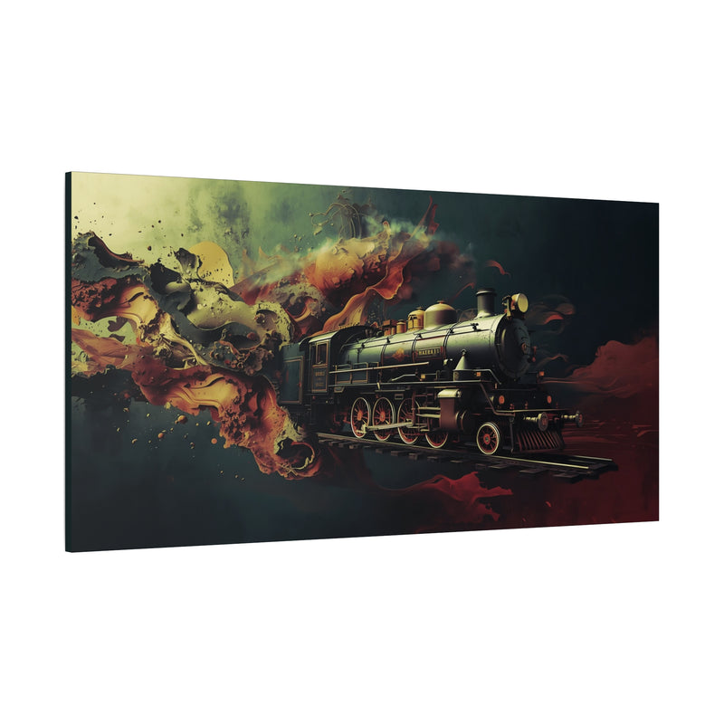 Vintage train in fiery smoke canvas print in 60″ x 30″ | 152.40 cm x 76.20 cm and 1.25″ | 3.18 cm profile.