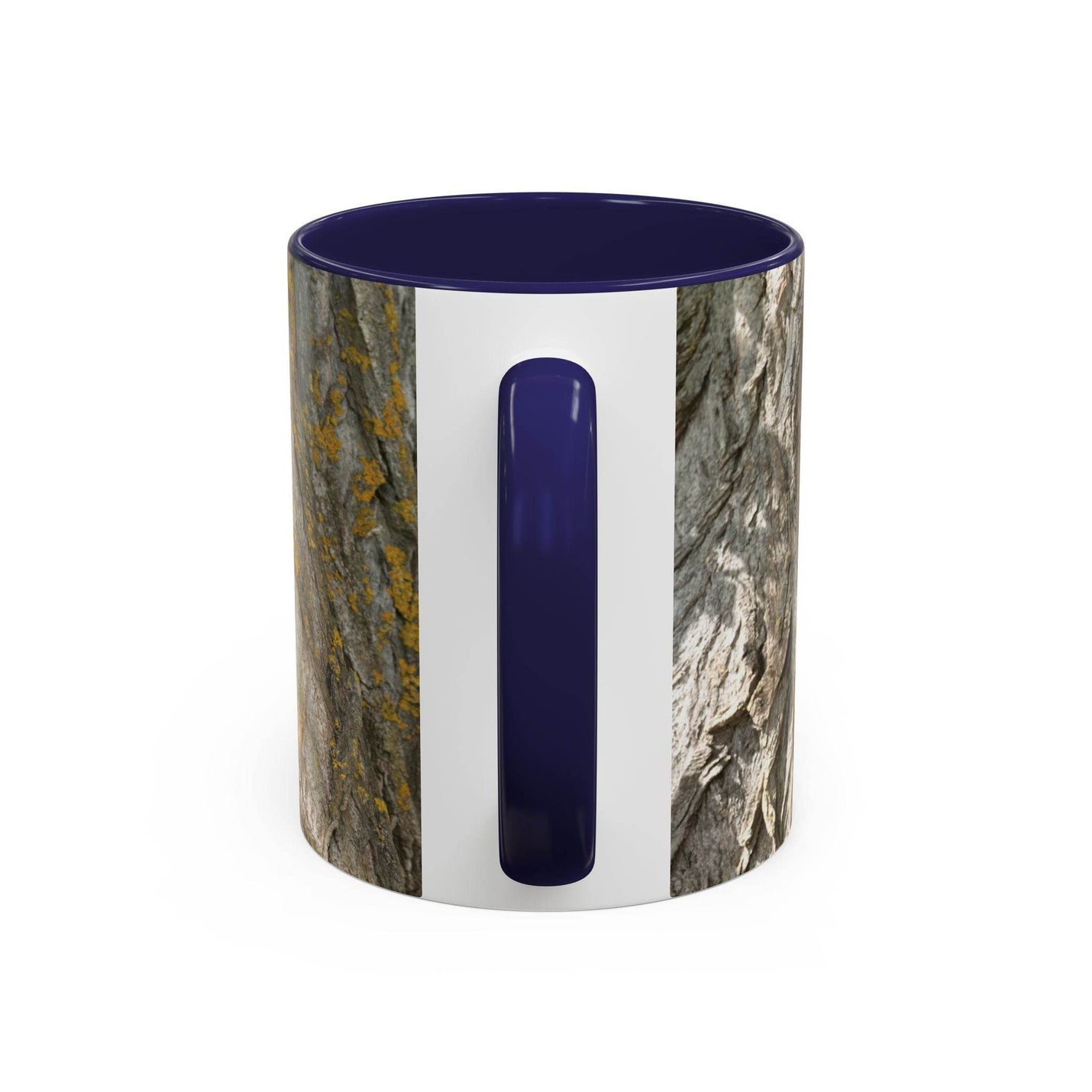 325ml Becher für Naturbegeisterte mit einem urigen Baumstamm-Design sowie einem marineblauen Henkel und marineblauer Innenseite.
