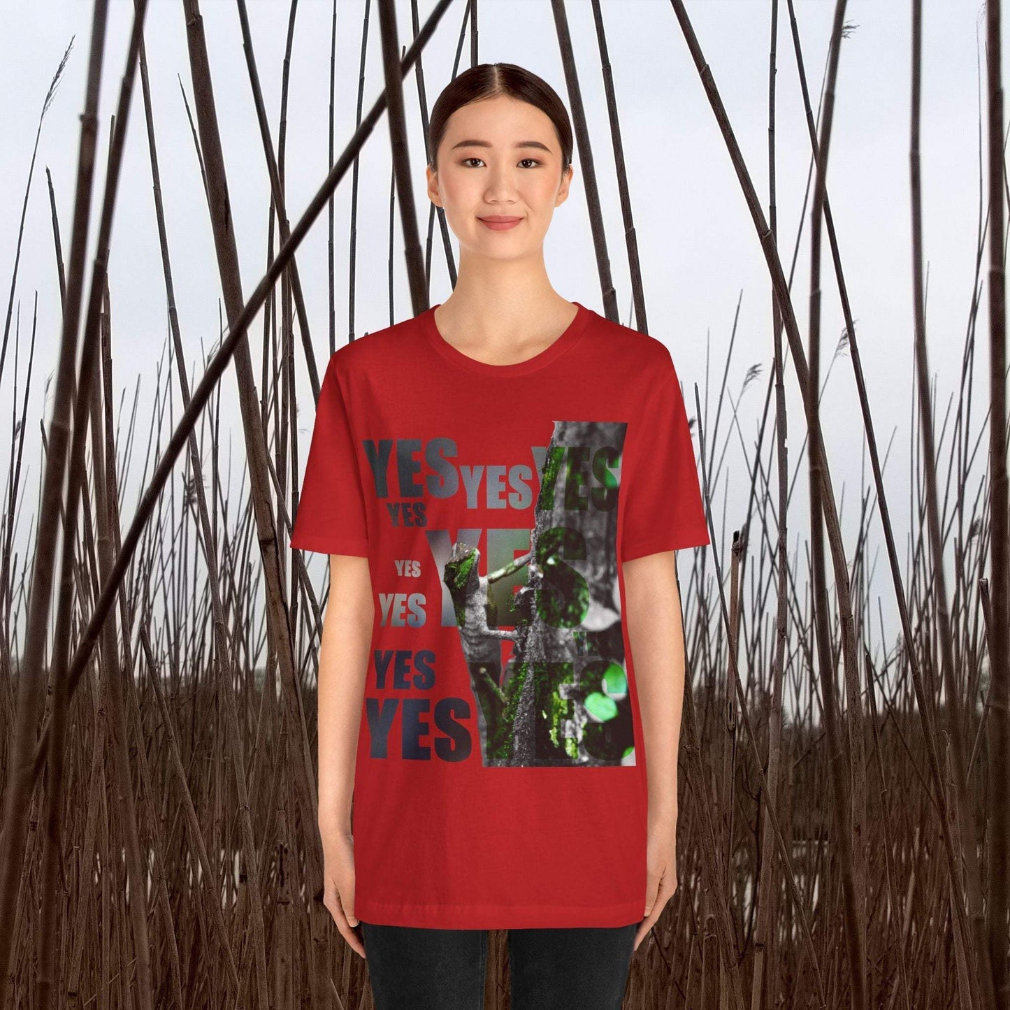 Diploderma Nature Print Unisex Tee with yes and no graphic, red color, featuring nature-inspired design.