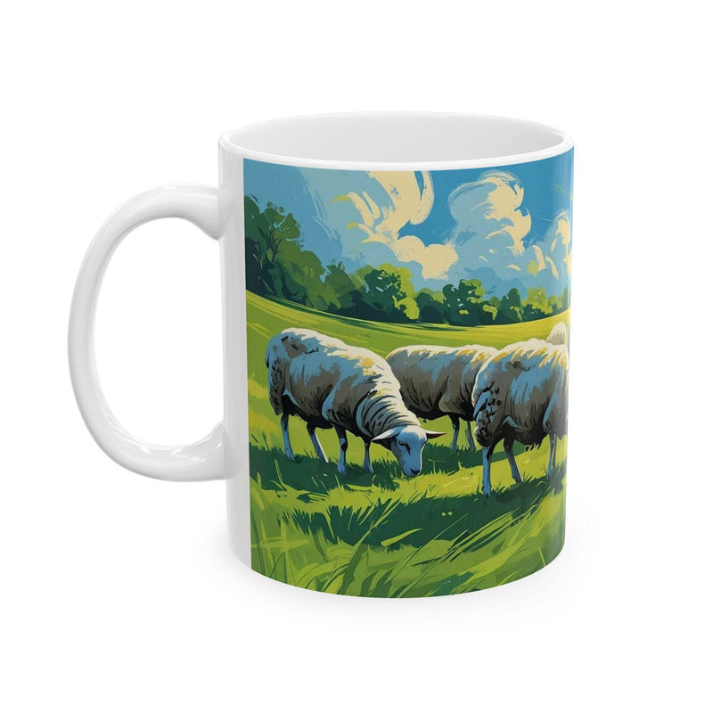 Serene 11oz ceramic Mug - Grazing Sheep Coffee Mug with a peaceful sheep illustration on a modern wooden kitchen counter.