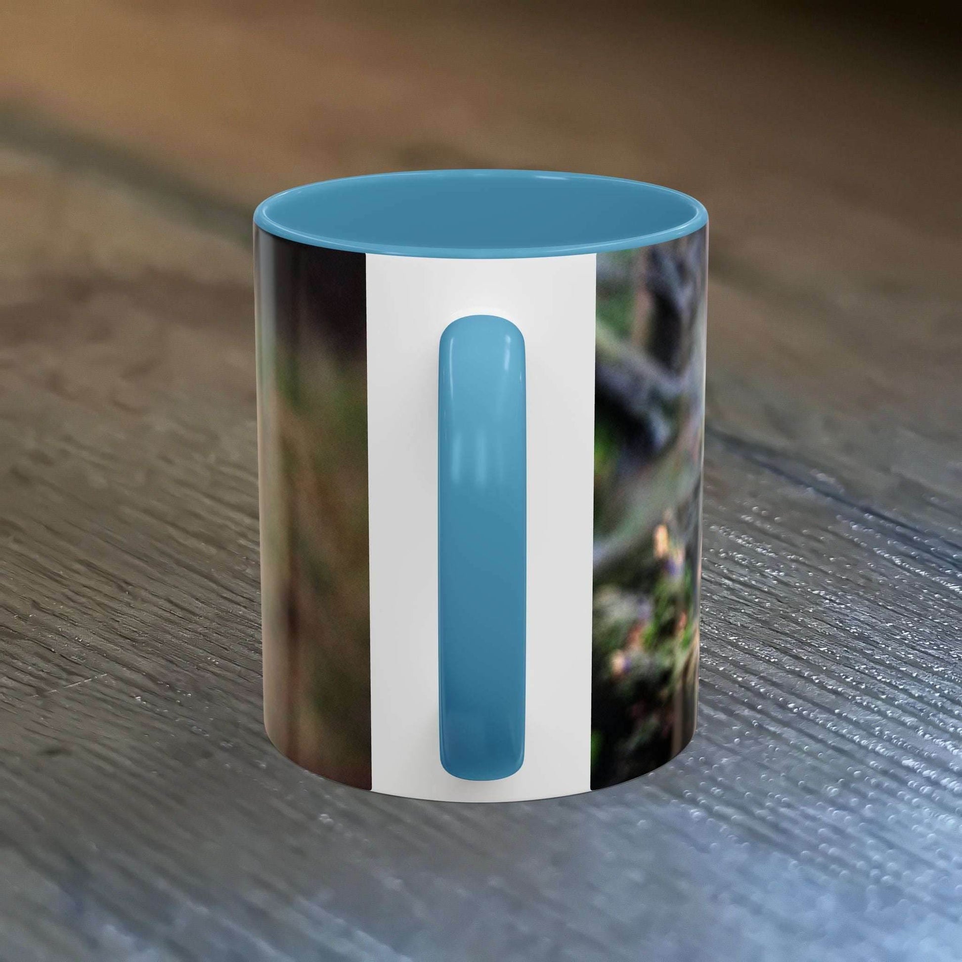 Cute squirrel coffee mug with blue interior, perfect for nature and animal lovers.