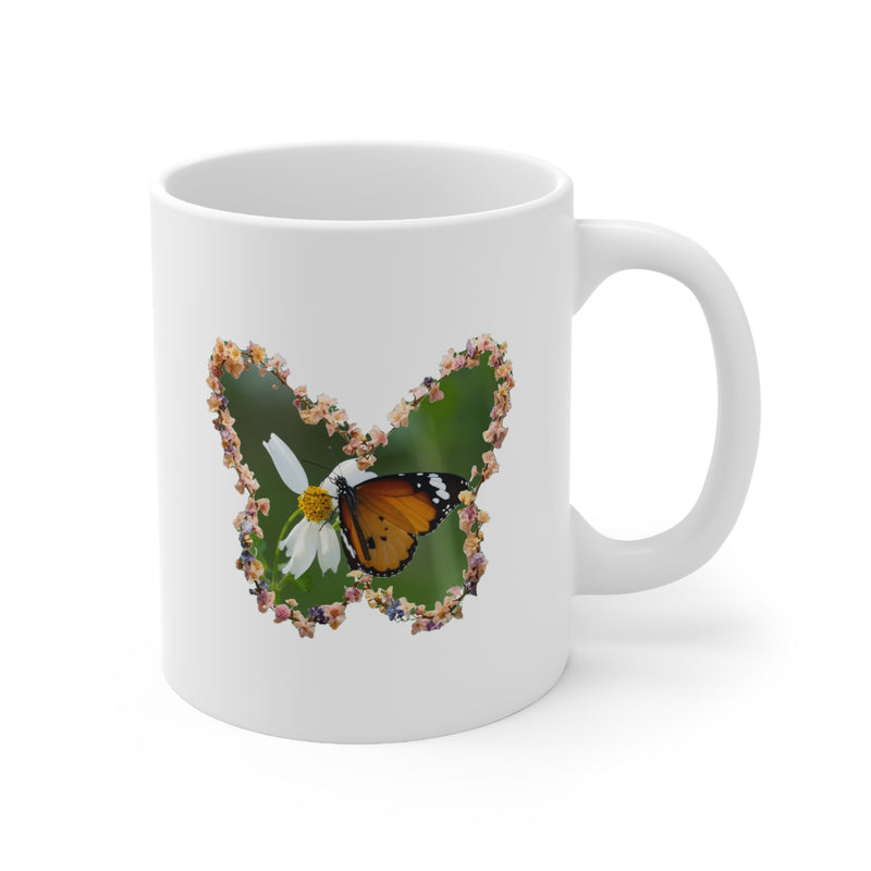 Glossy 325ml ceramic coffee mug with a butterfly daisy wreath design and elegant floral garland details.