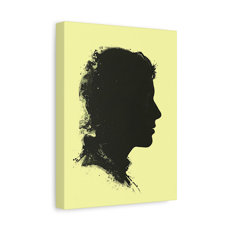 Silhouette Portrait Canvas Print — Vintage Black Profile on Soft Yellow Matte