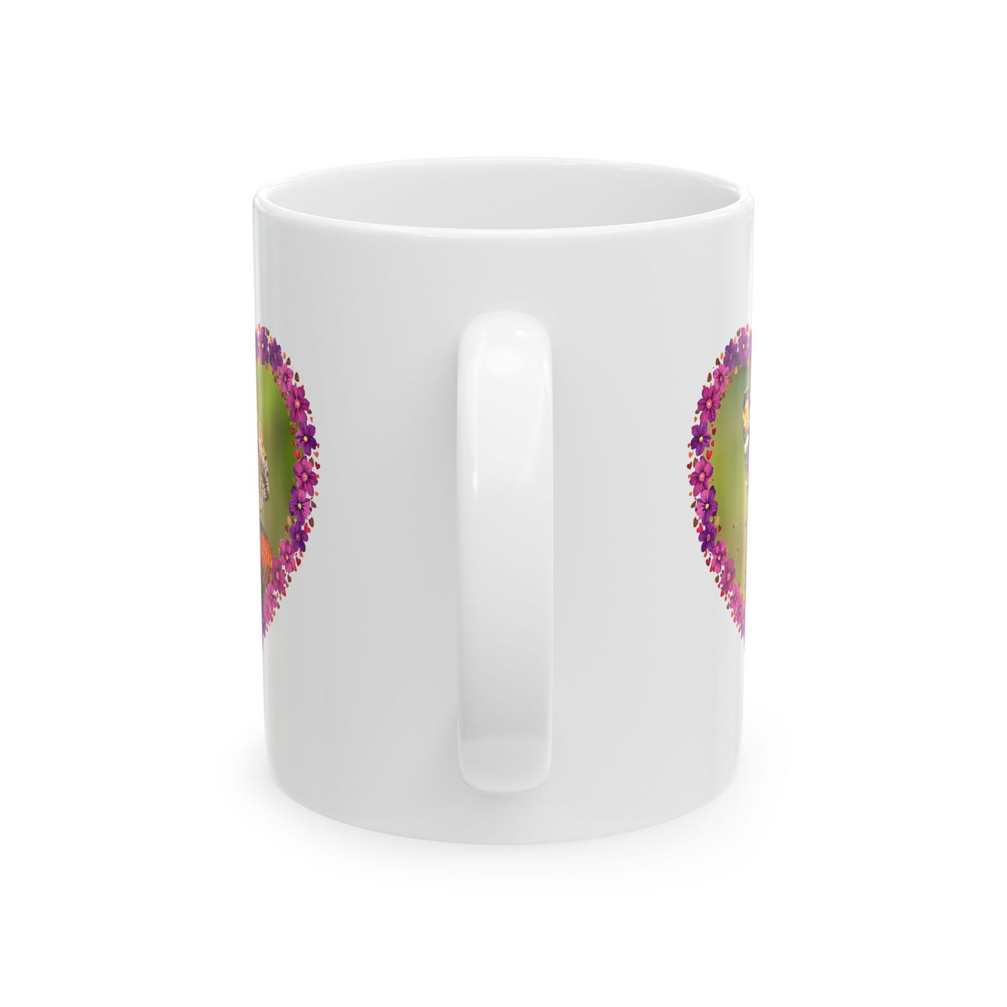 Charming 11oz Heart Flower Frame Butterfly Ceramic Mug with a comfortable C-handle filled with warm tea.
