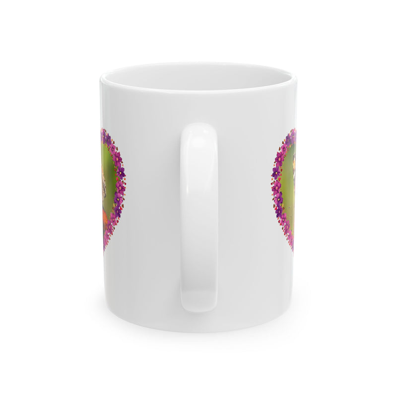 Charming 11oz Heart Flower Frame Butterfly Ceramic Mug with a comfortable C-handle filled with warm tea.