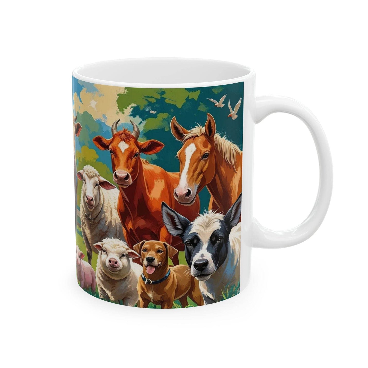 Premium 11oz rural themed Mug Farm Animals Ceramic Mug - Gift for Animal Lovers filled with a warm beverage on a wooden dining table.