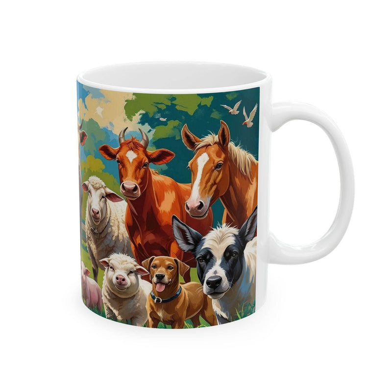 Premium 11oz rural themed Mug Farm Animals Ceramic Mug - Gift for Animal Lovers filled with a warm beverage on a wooden dining table.