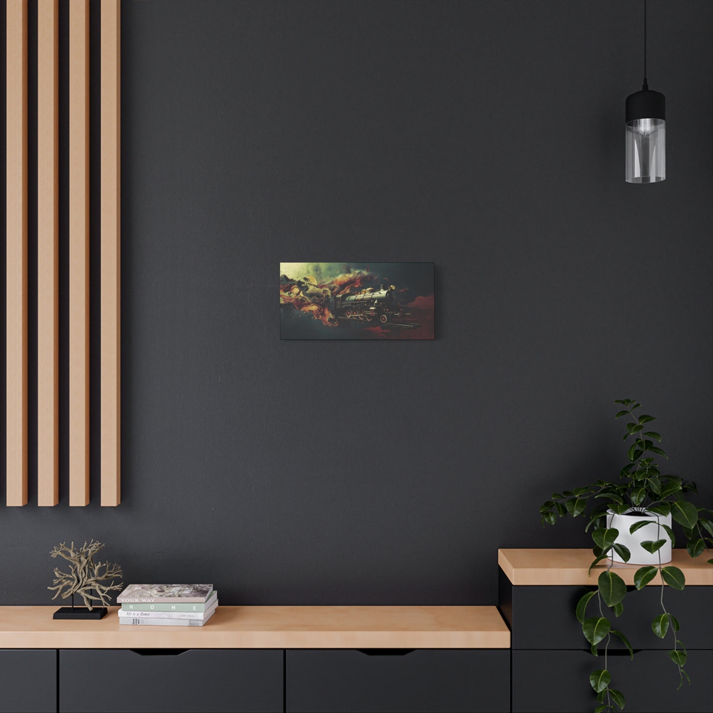 Nostalgic 20″ x 10″ | 50.80 cm x 25.40 cm locomotive wall art on 1.25″ | 3.18 cm stretched matte canvas.
