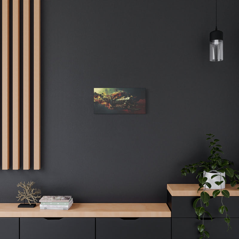 Nostalgic 20″ x 10″ | 50.80 cm x 25.40 cm locomotive wall art on 1.25″ | 3.18 cm stretched matte canvas.