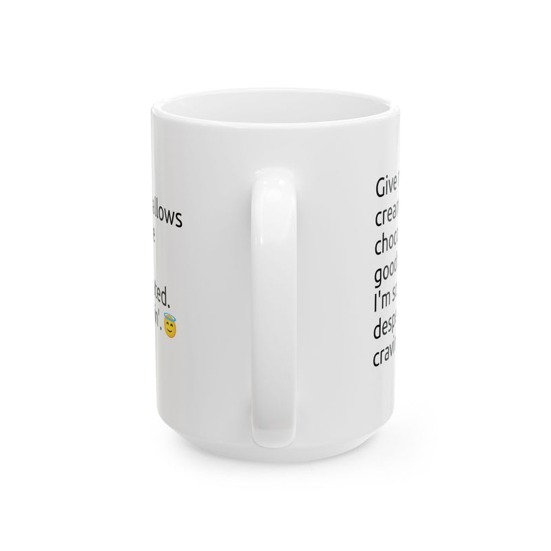 Durable 15oz microwave and dishwasher safe ceramic coffee mug with a fun chocolate craving message wrap for chocolate lovers.