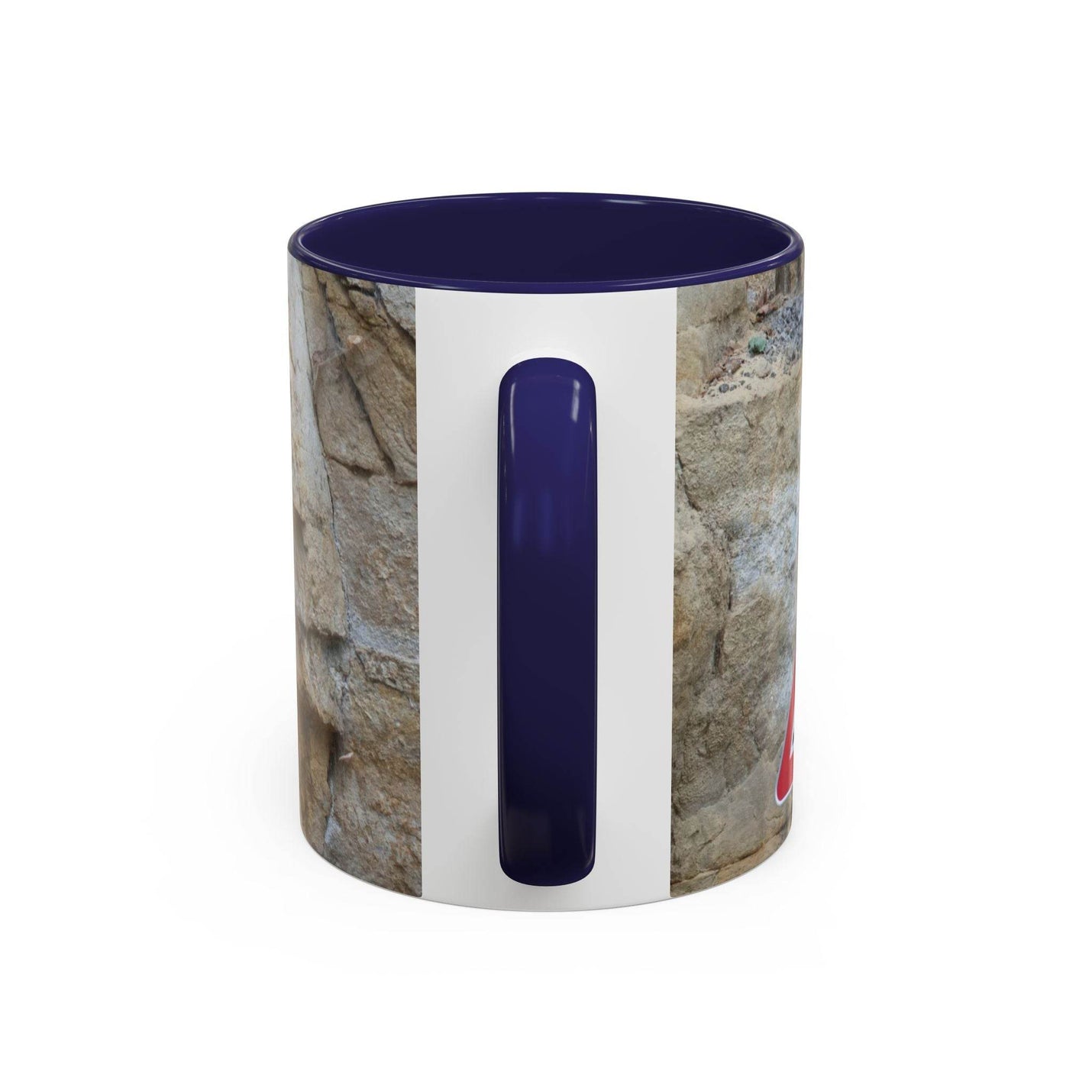 Outdoorsy 11oz Rocky Mug, Mountain Lovers, Danger of Falling Rocks by a window, displaying its navy handle and navy inside.