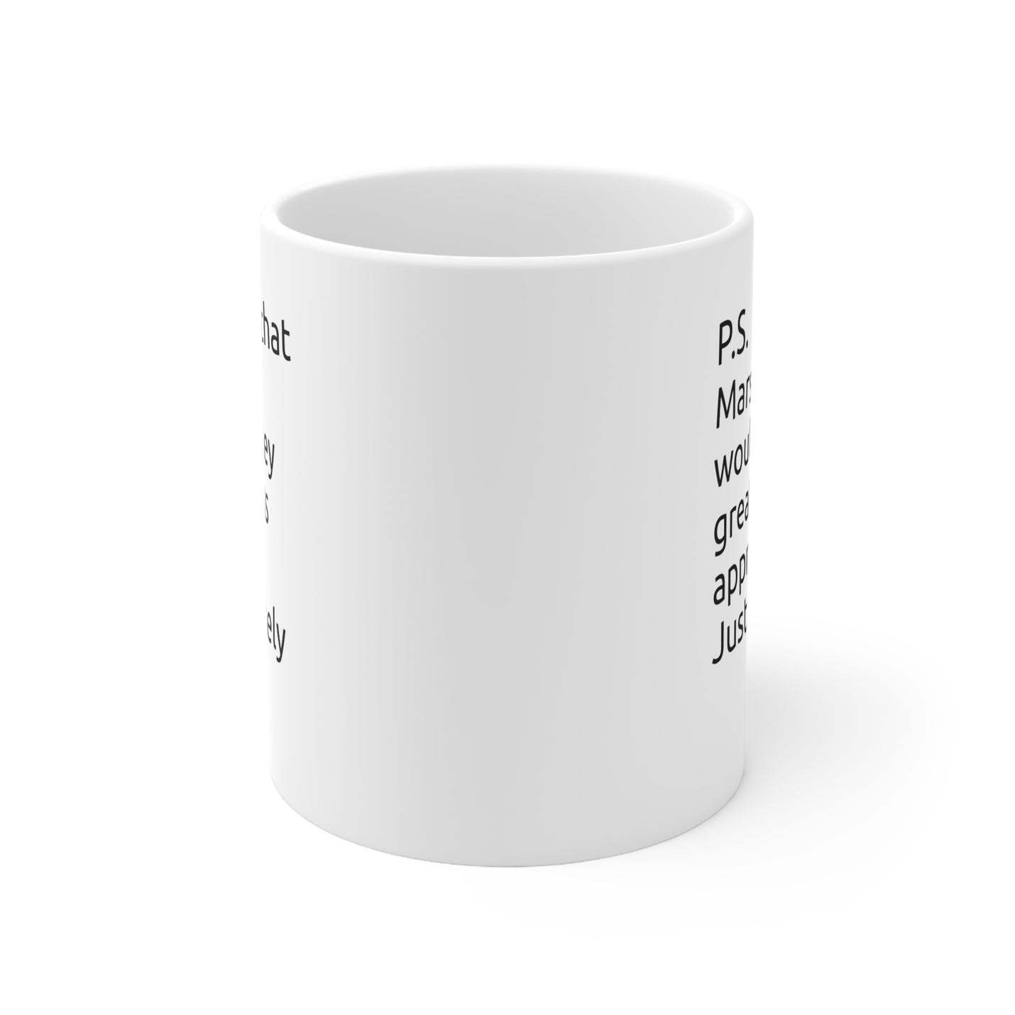 Glänzender 325ml weißer Keramik-Becher bedruckt mit einem fröhlichen Spruch, perfekt für die Küche und Morgenrituale.