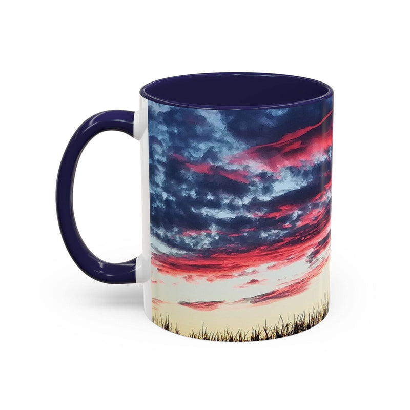 Premium 325ml Kaffeebecher mit Sonnenuntergang zur Entspannung, mit elegantem marineblauen Henkel und marineblauer Innenseite.