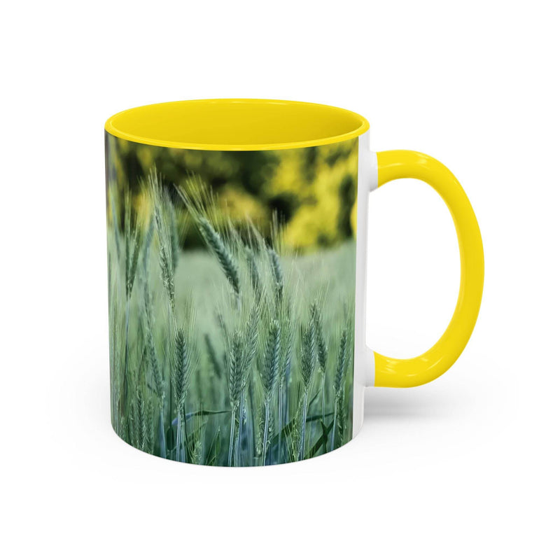 Beruhigender 325ml Weizenfeld Keramik-Becher, ideales Geschenk mit einem leuchtend gelben Henkel und gelber Innenseite.