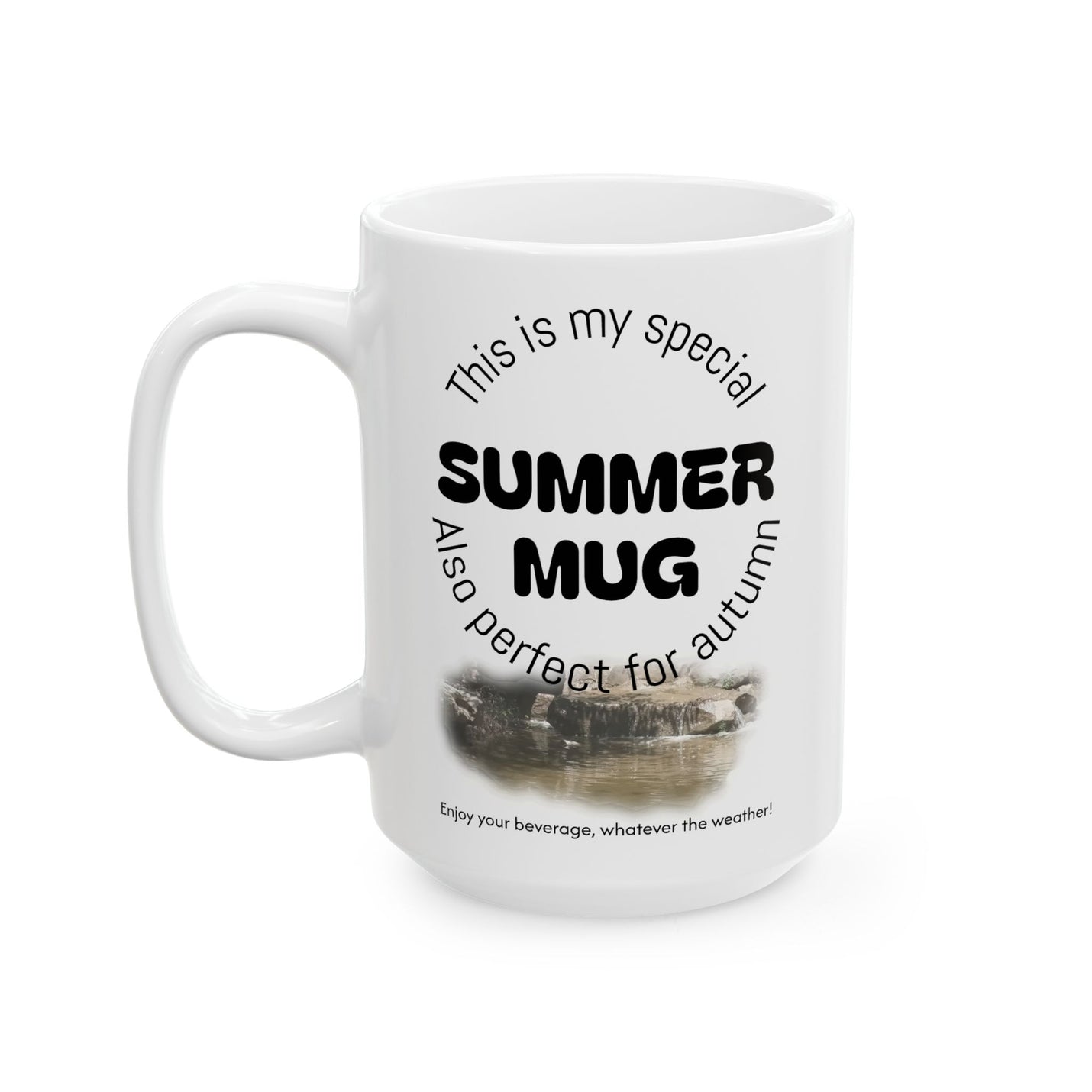 Large 15oz Summer | Winter Mug, Ceramic Coffee Mug showing bold lettering artwork on a rustic wood counter.