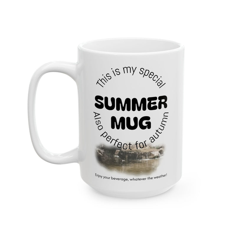 Large 15oz Summer | Winter Mug, Ceramic Coffee Mug showing bold lettering artwork on a rustic wood counter.