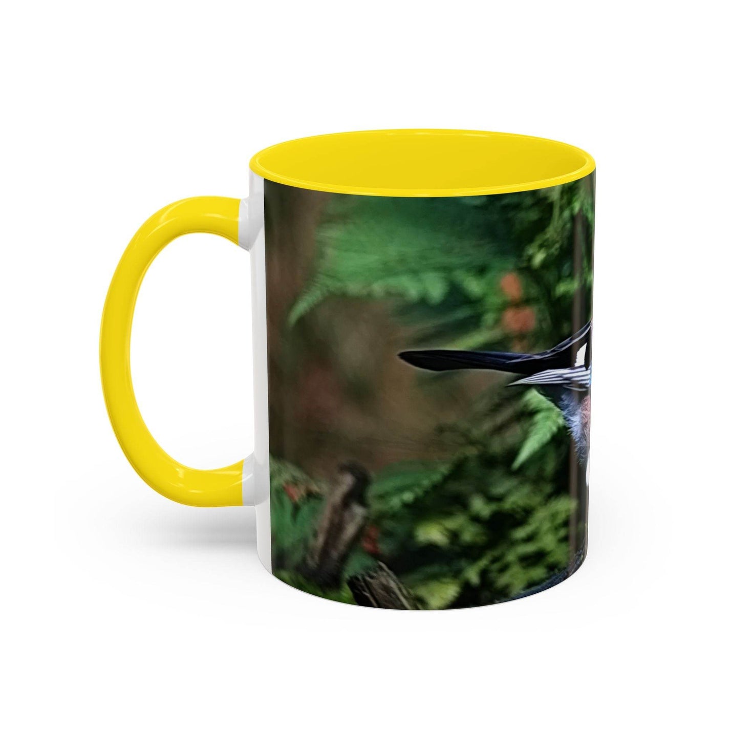 11oz jay bird lover mug with yellow color on the handle and inside only.