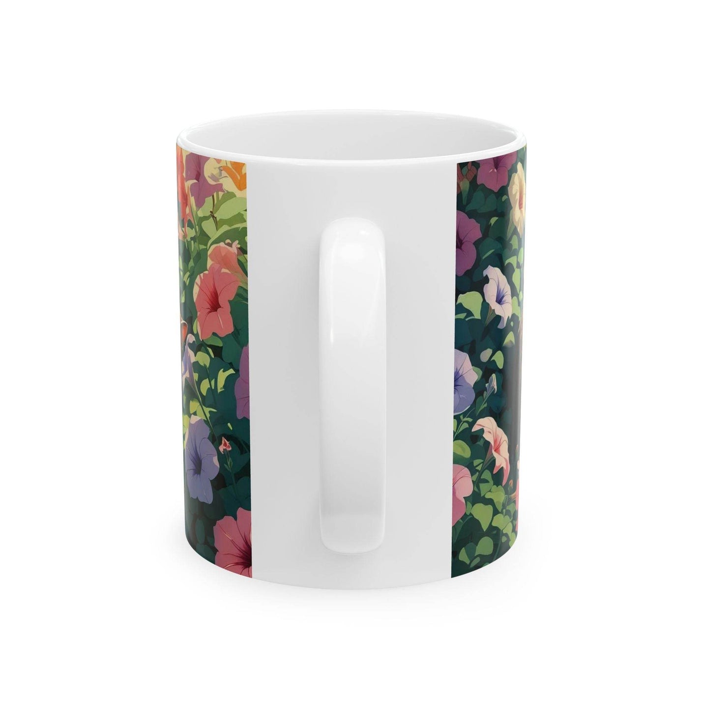 Cozy lifestyle view of a 11oz Coffee Mugs - Sleeping Cats in the Garden Design by a bright conservatory window.