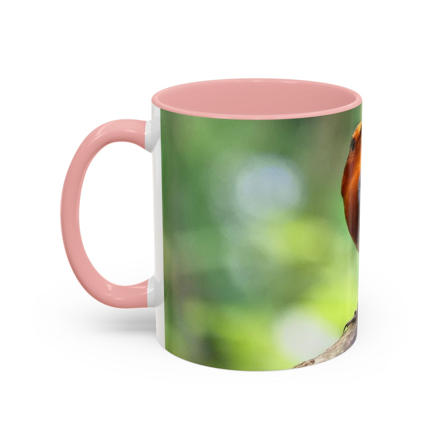 Stately Robin Ceramic Mug 325ml with Pink handle and interior — colorful bird photography gift idea.