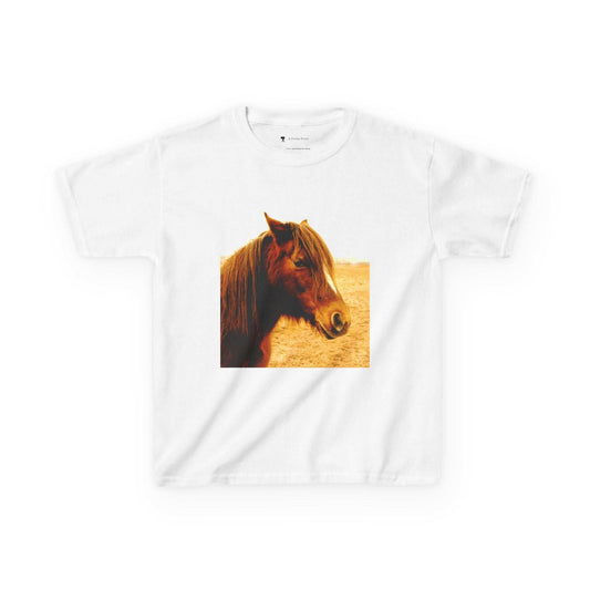 Kids Tee with horse print design on white background.