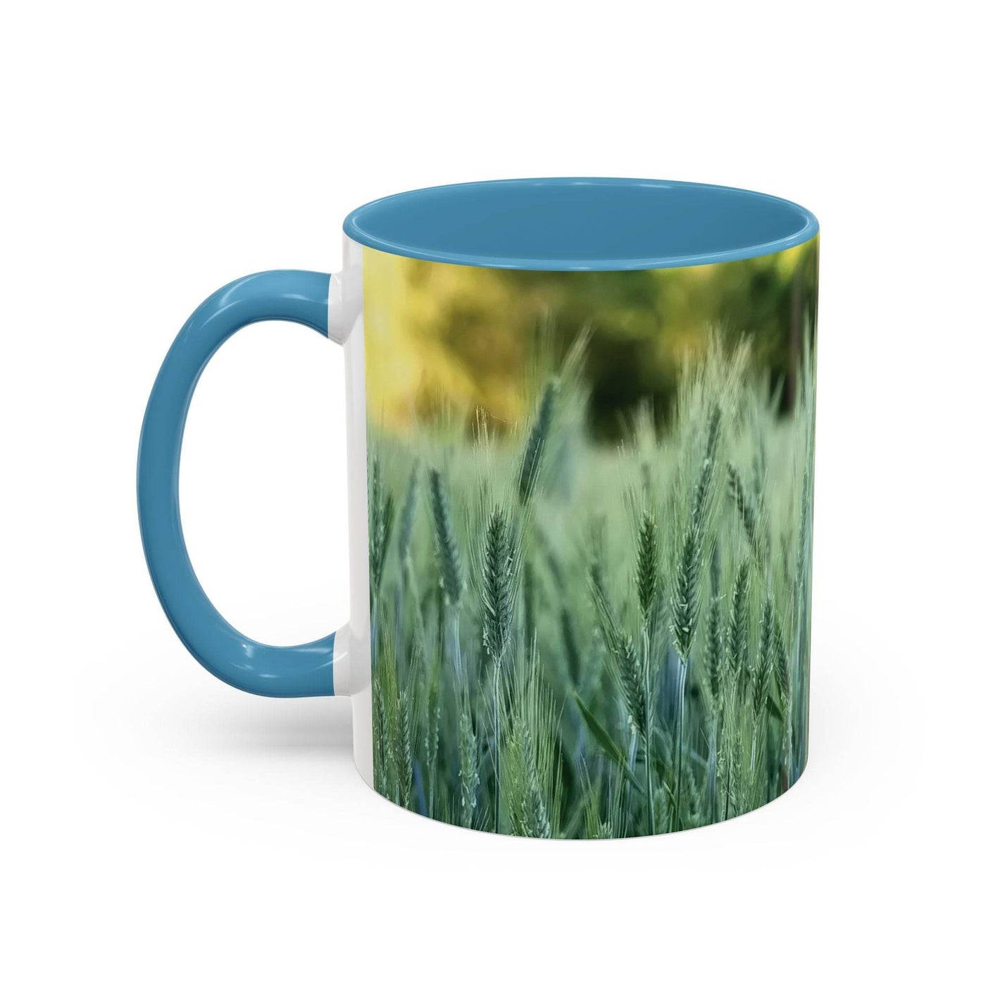 Ein 325ml Weizenfeld Keramik-Kaffeebecher mit einem hellblauen Henkel und einer hellblauen Innenseite für einen ruhigen Look.