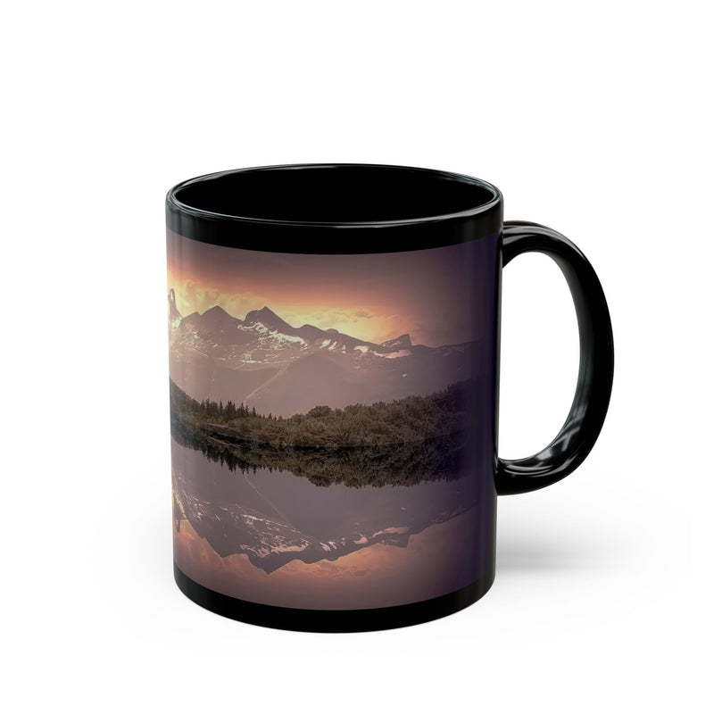 Scenic 11oz Mountain Reflection Black Mug — Scenic Sunset Lake Coffee Mug on a modern wooden kitchen counter.