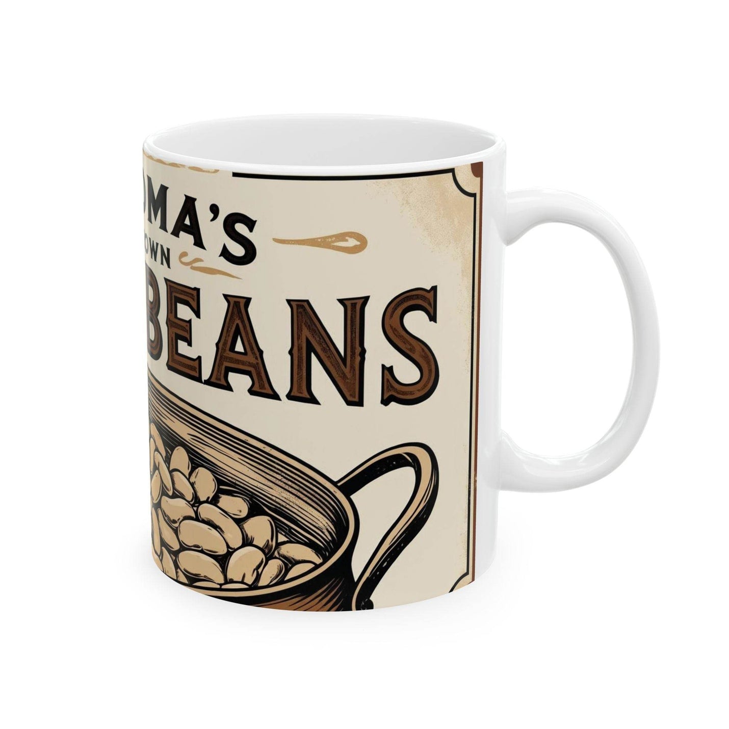 Fun 11oz bean themed Mug - Can of Brown Beans Design, Ceramic Coffee Mug filled with warm tea on a dining table.