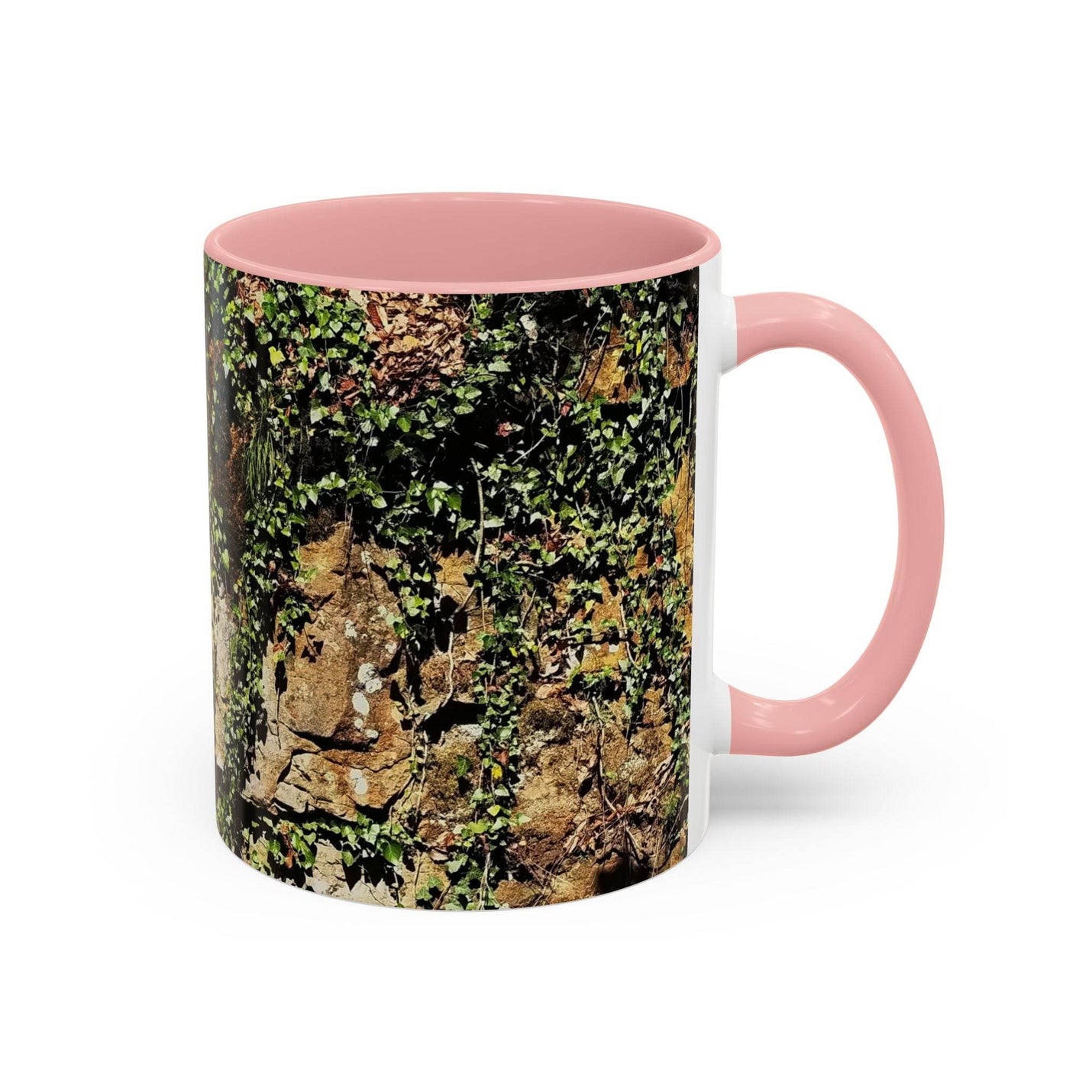 Premium 11oz Mug - Overgrown Rocks Adventure Coffee Mug for climbers, featuring a pink handle and pink inside.