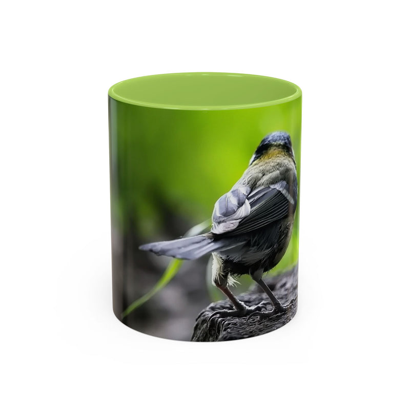 Ceramic 325ml bird photography accent coffee mug with a light green handle and light green inside.