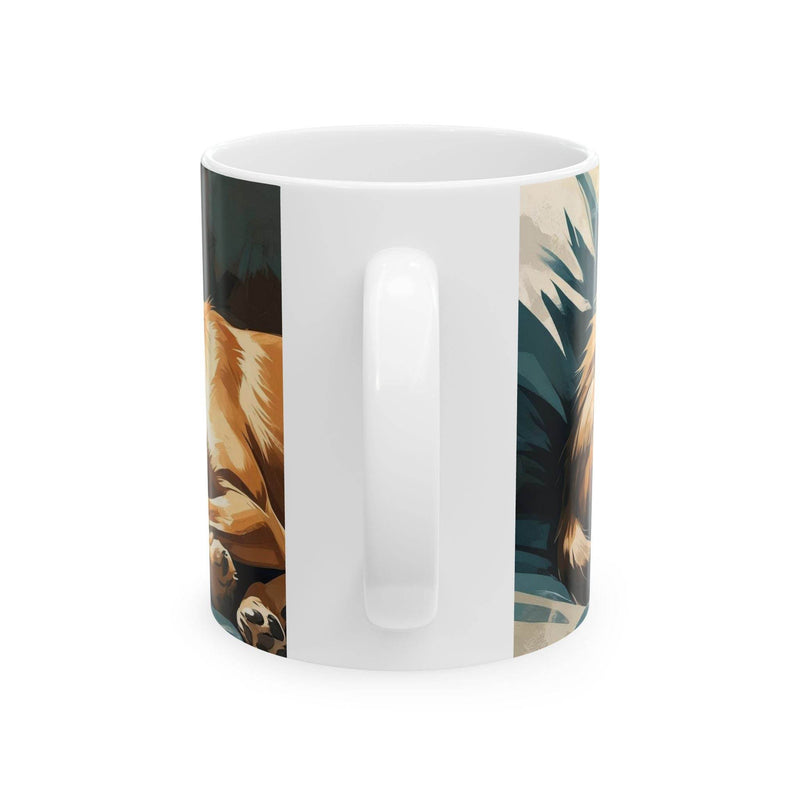 Heartwarming 11oz Mug Sleeping Cat and Dog standing beautifully right next to fresh green indoor botanical plants.