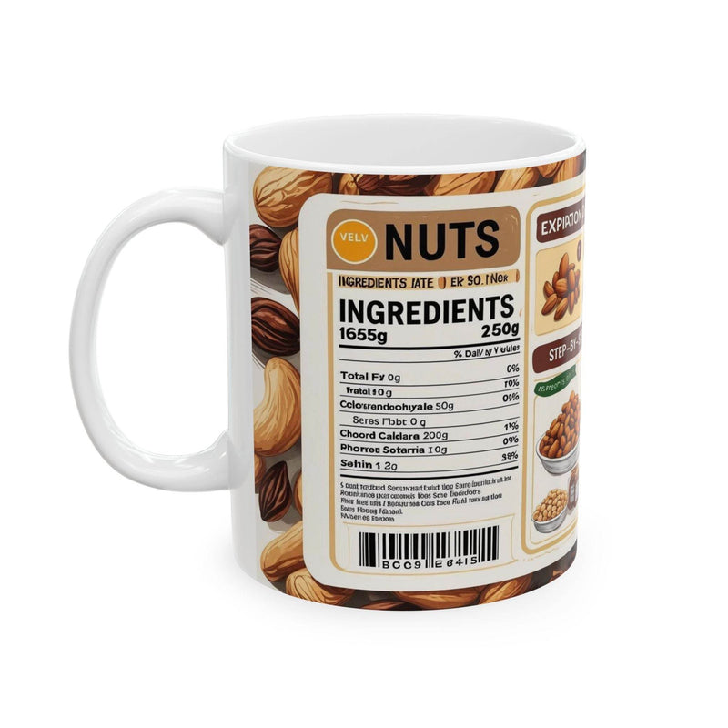 Vibrant 11oz ceramic Mug - Nuts Coffee Mug with a colorful and quirky pattern resting on a modern kitchen counter.