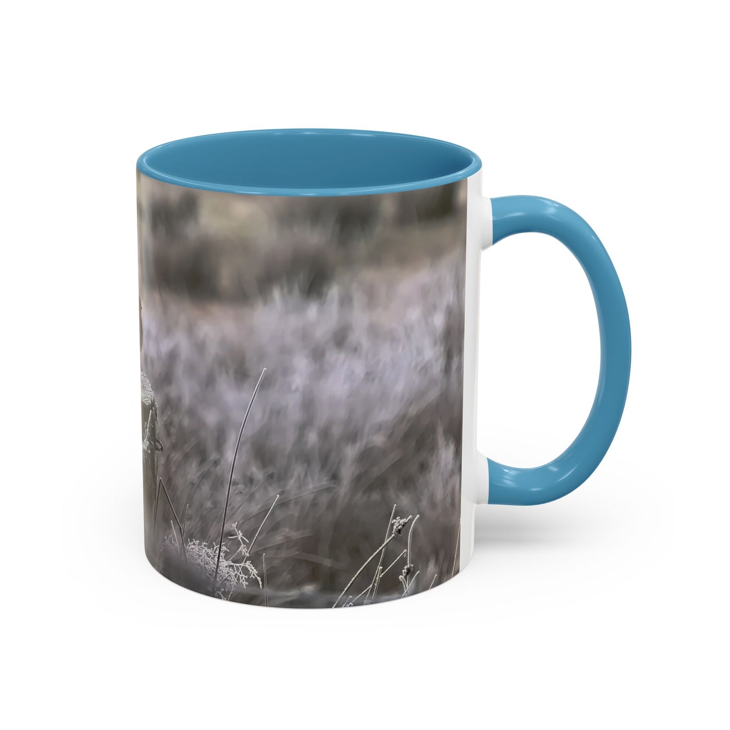 Robin nature print on an 11oz mug with a Light Blue handle and interior.