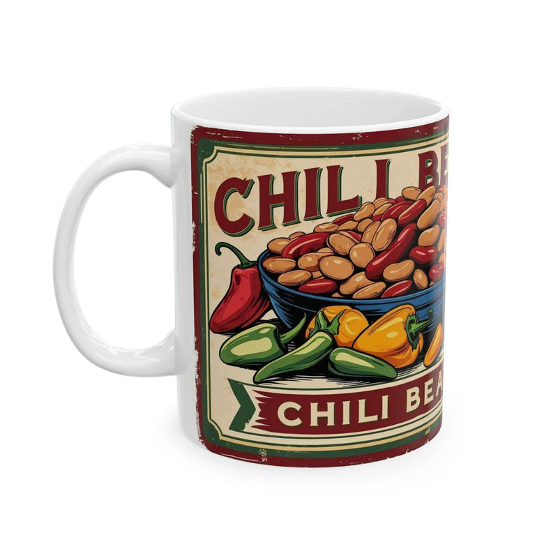 Vibrant 11oz Mug Can of Chili Beans Ceramic Coffee Mug with a glossy finish resting on a modern kitchen counter.