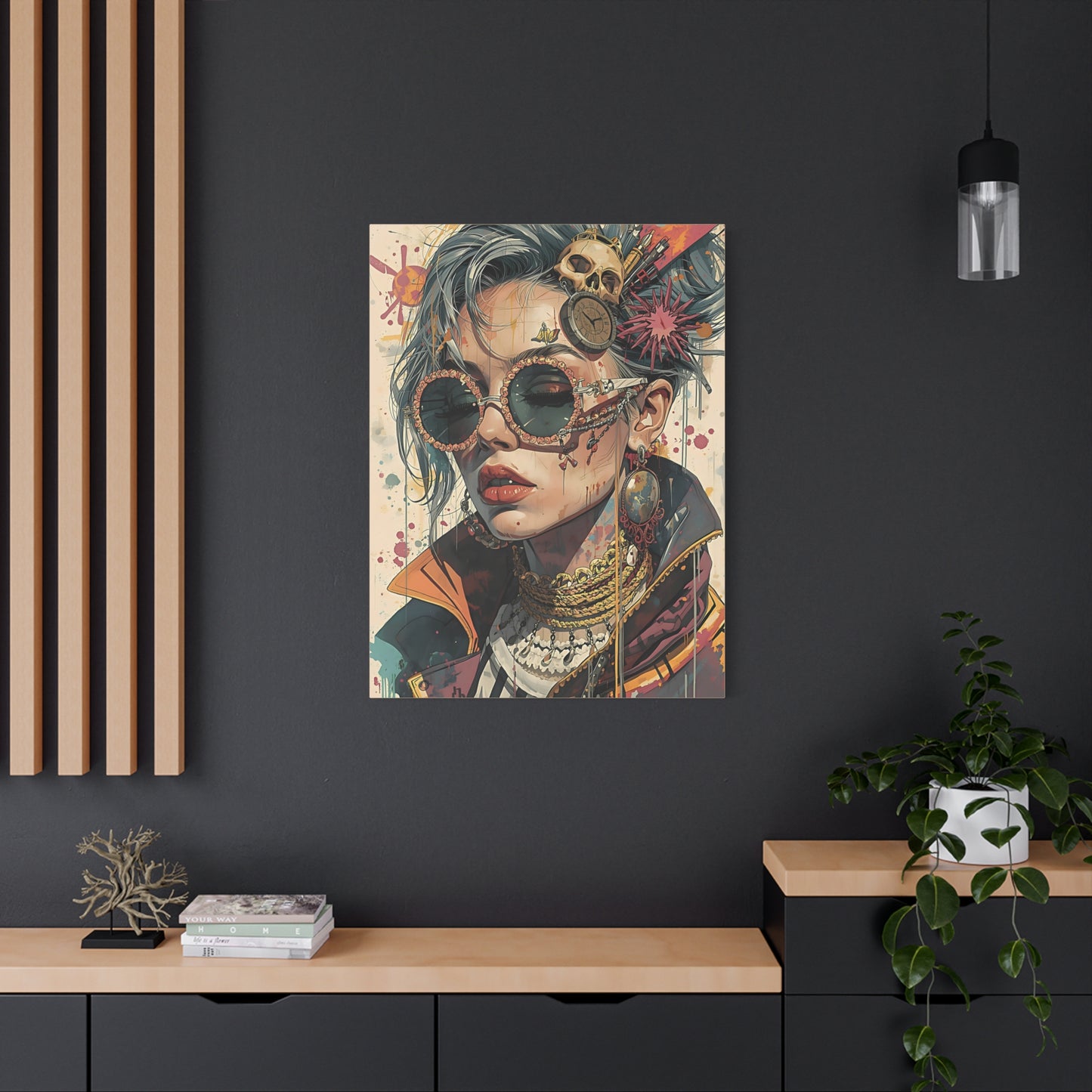 Steampunk Portrait Matte Canvas Art – Edgy Sunglassed Woman Wall Decor