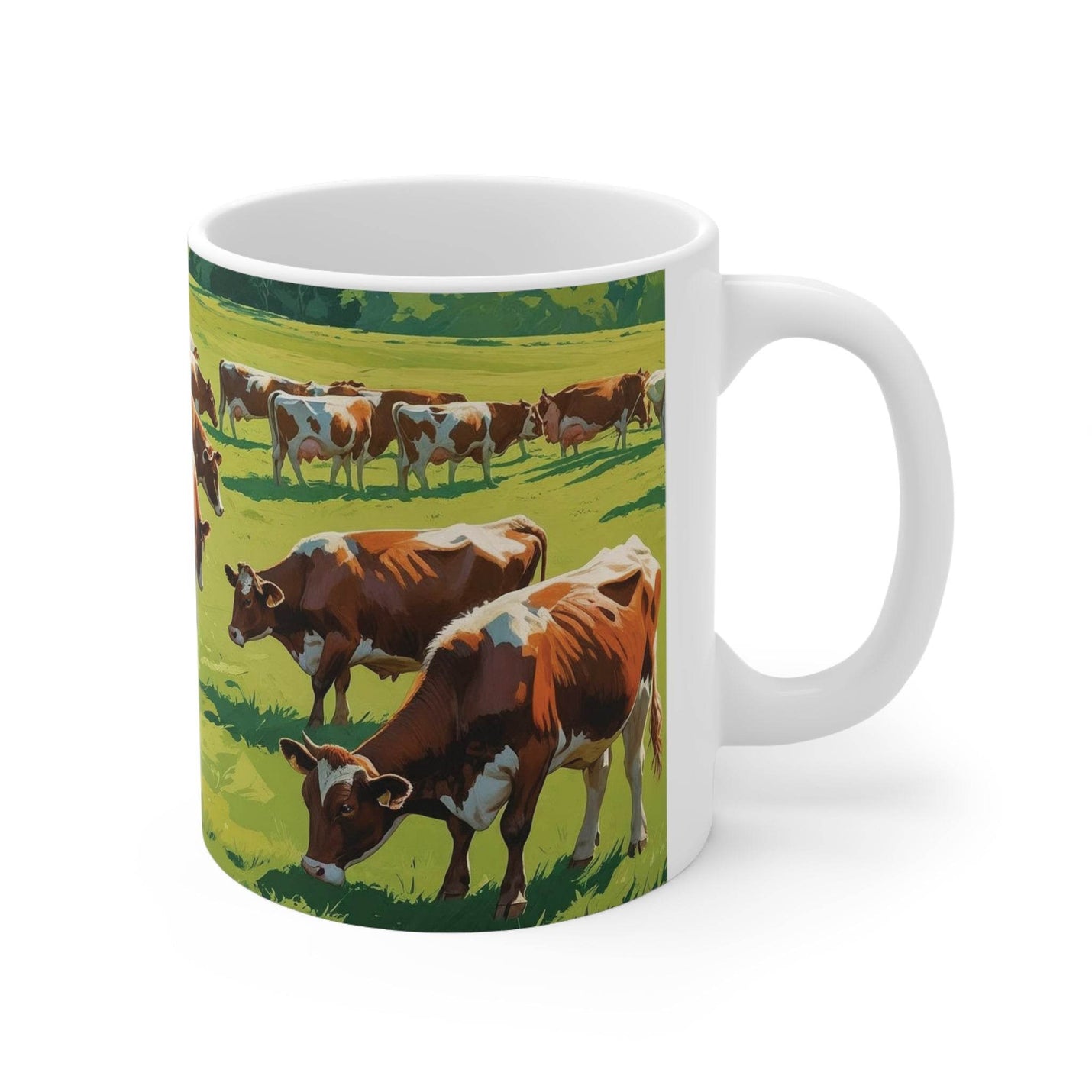 Hochwertiger 325ml Becher aus robustem Keramikmaterial mit praktischem Henkel, verziert mit einem kunstvollen Kühe-Design.