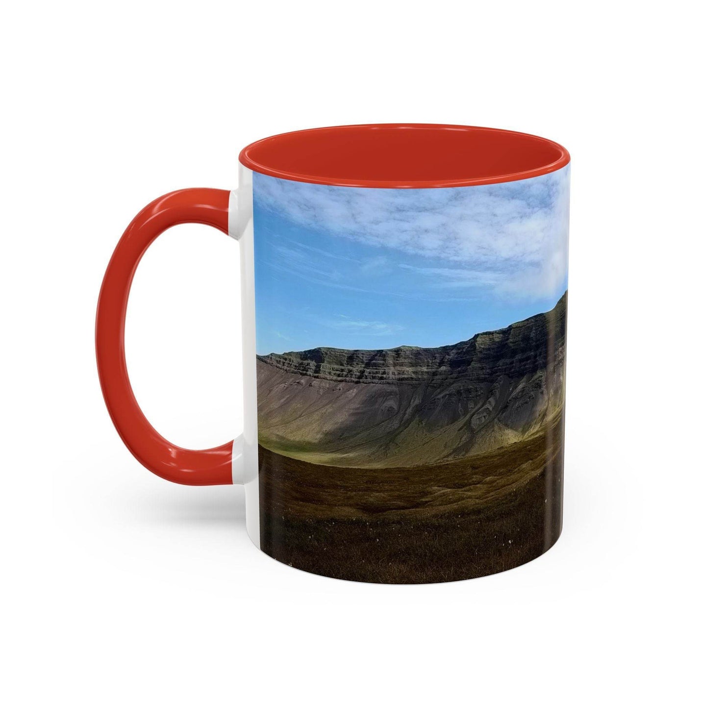 Ein perfektes Geschenk: 325 ml Islandlandschaft Kaffeebecher mit rotem Henkel und roter Innenseite.