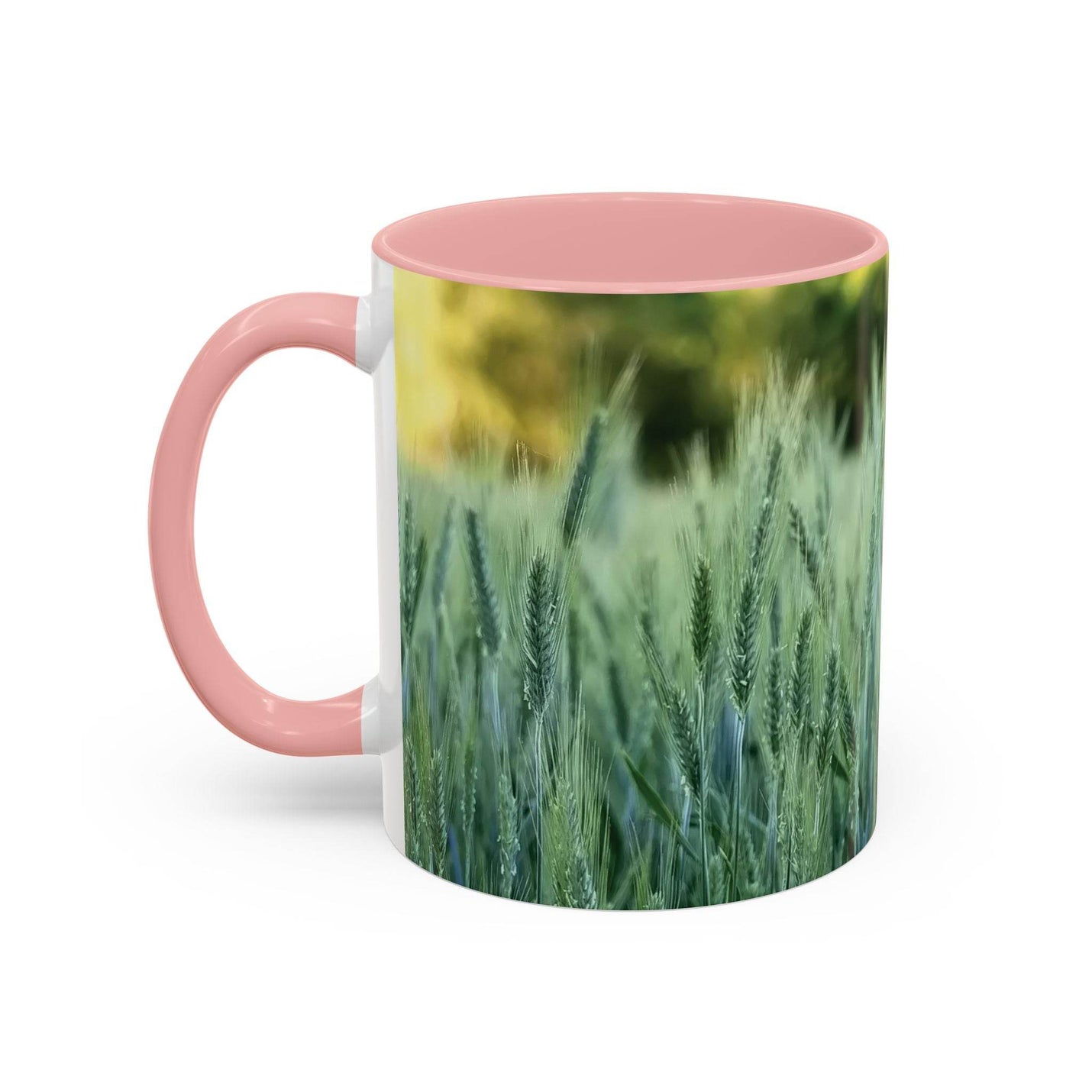 Ein 325ml Weizenfeld Keramik-Kaffeebecher mit einem rosa Henkel und einer rosa Innenseite für einen charmanten Stil.