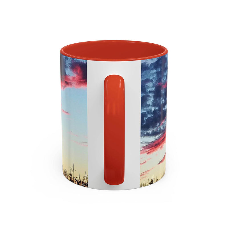 Premium 325ml Kaffeebecher mit Sonnenuntergang zur Entspannung, mit kräftigem roten Henkel und roter Innenseite.