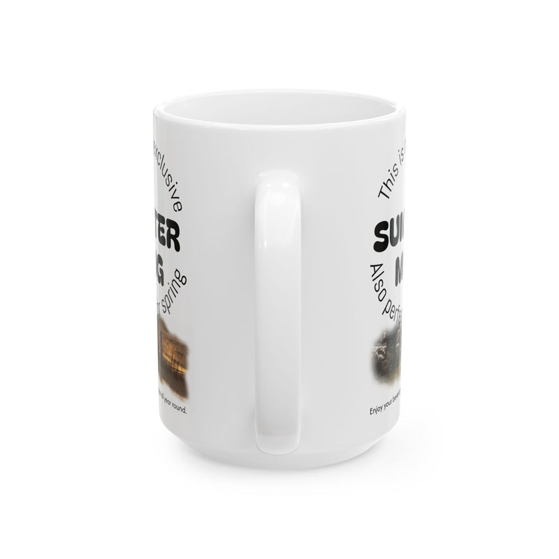 Premium 15oz Summer | Winter Mug, Ceramic Coffee Mug on a cozy tray ready for a long lazy brew session.
