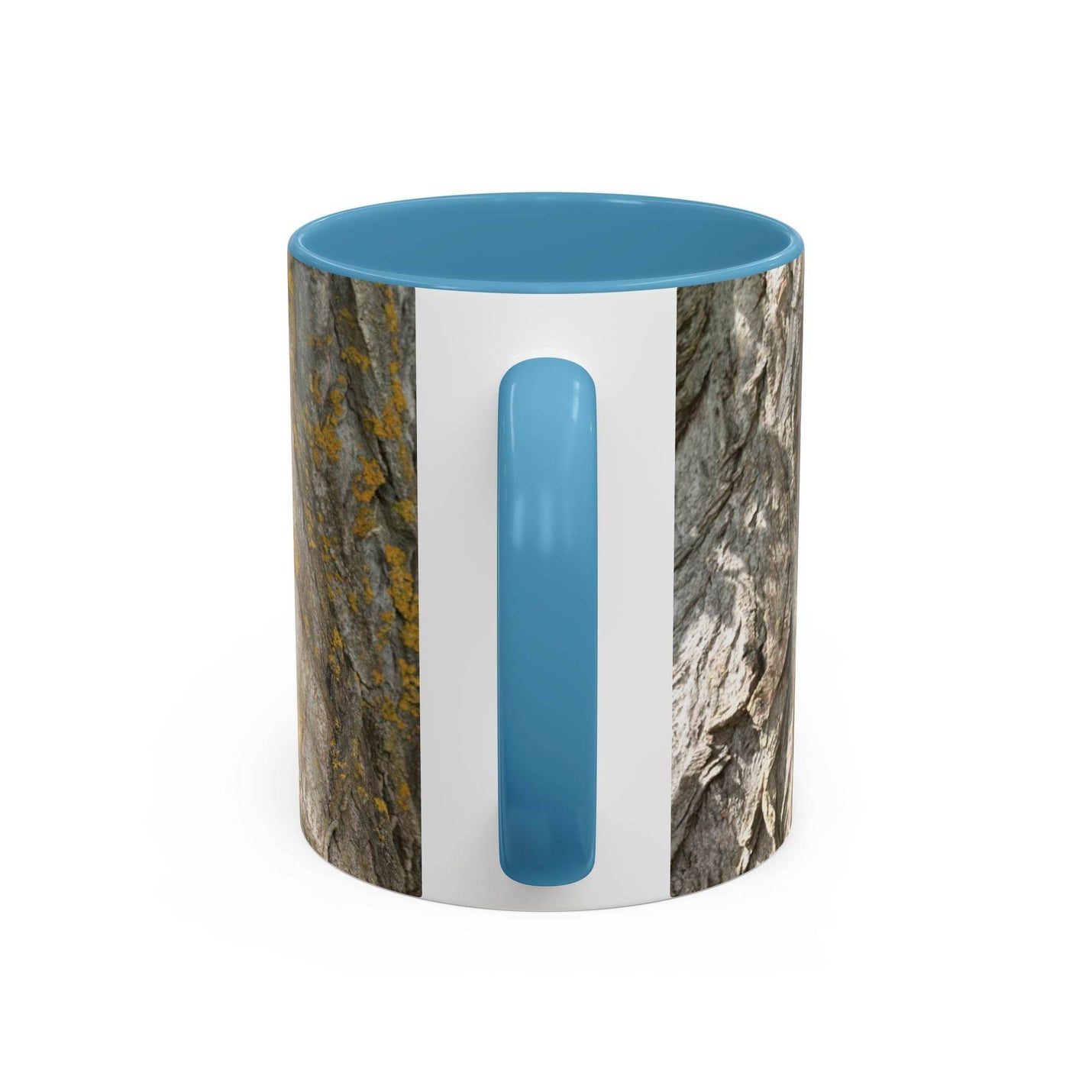 325ml Becher für Naturbegeisterte mit einem urigen Baumstamm-Design sowie einem hellblauen Henkel und hellblauer Innenseite.