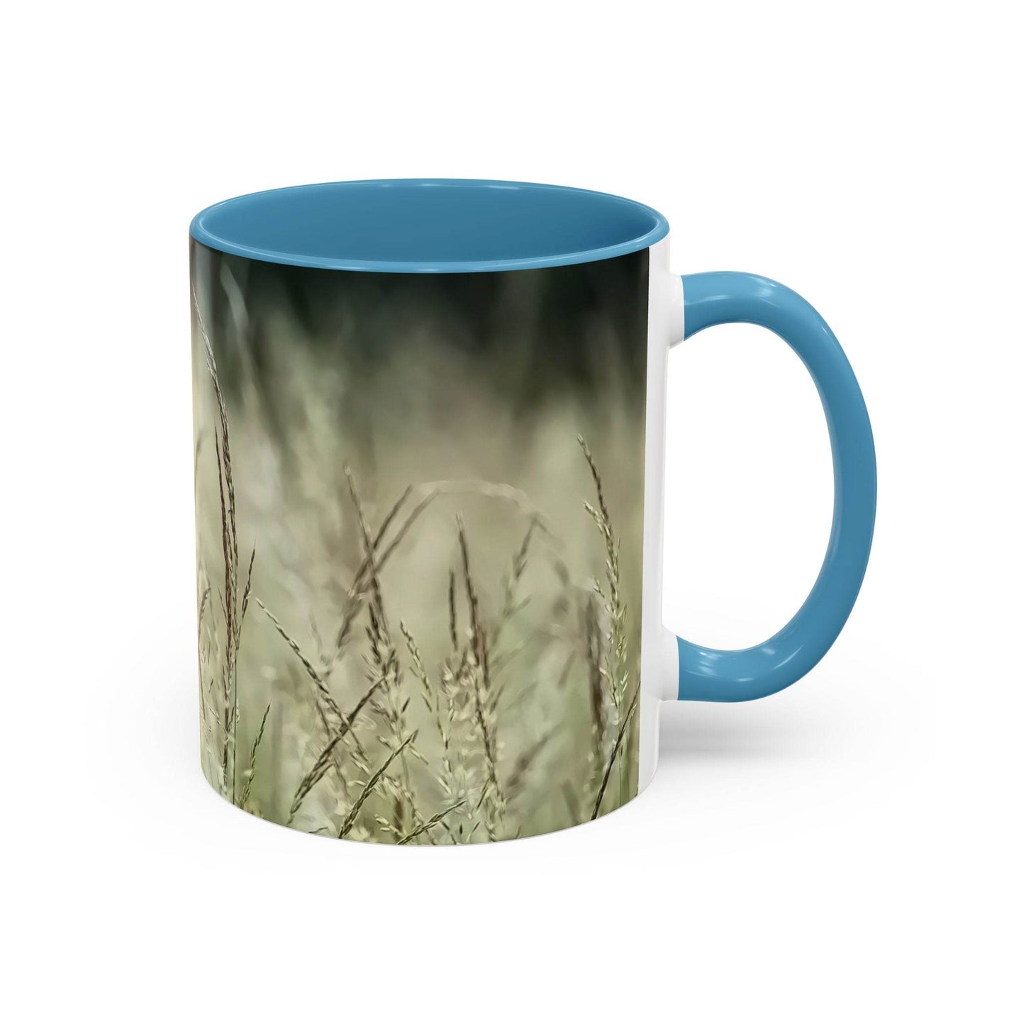 Cozy morning scene with 11oz Mug, Flowering Grass - Bring Nature Inside with a light blue handle and inside.