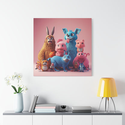 Cute Colorful Creature Family Matte Canvas Wall Art — Playful Kids Room Décor