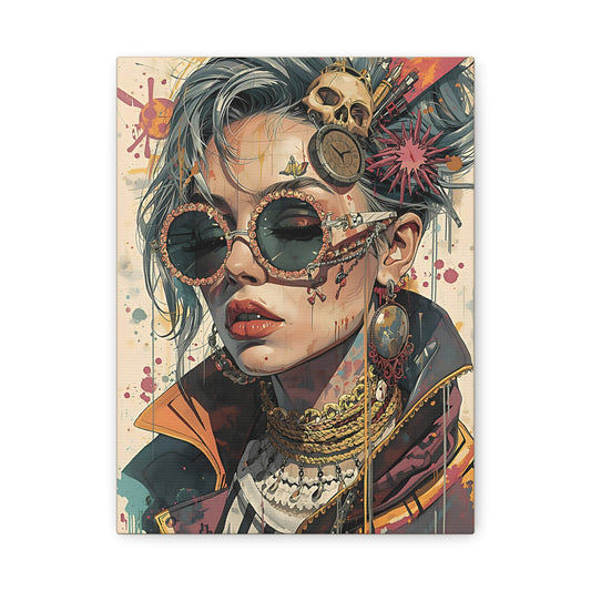 Steampunk Portrait Matte Canvas Art – Edgy Sunglassed Woman Wall Decor