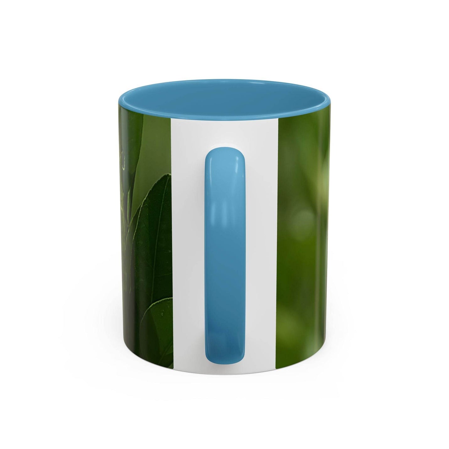 Premium 11oz Fruit Mug on a wooden breakfast tray, featuring a light blue handle and light blue inside.