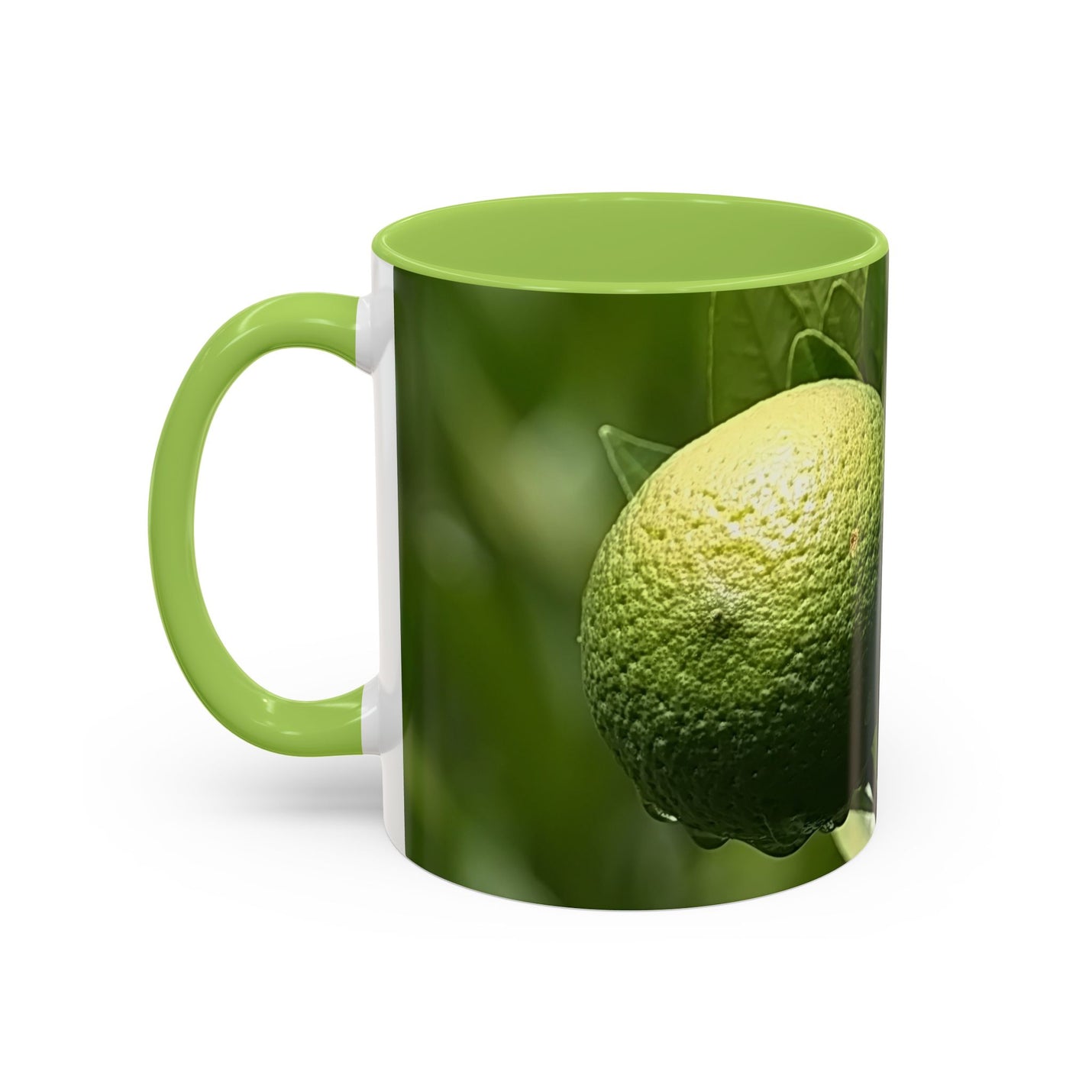 325ml Becher mit buntem Früchte-Design, veredelt durch einen hellgrünem Henkel und eine passende hellgrüne Innenseite.