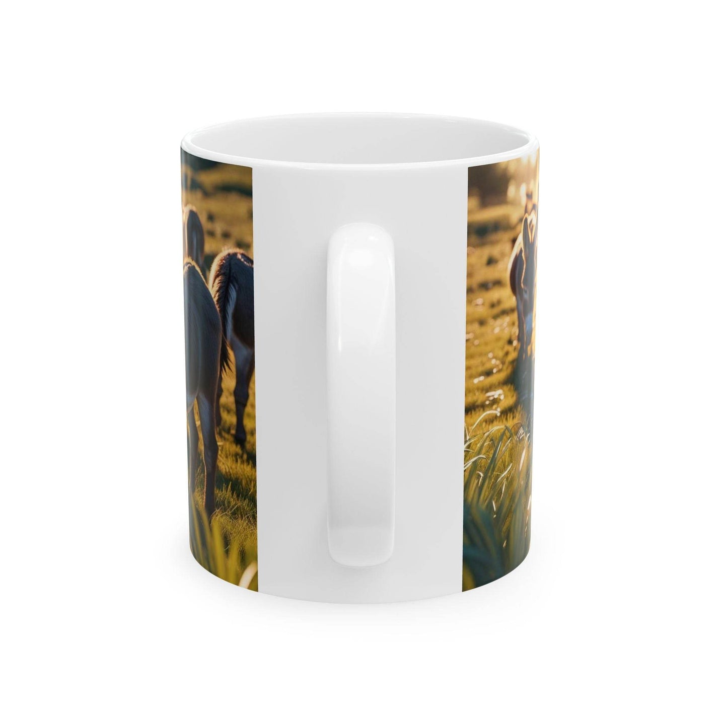 Cozy morning view of a 11oz Mug - Grazing Donkeys Ceramic Coffee Mug near a sunlit room window during a relaxed break.