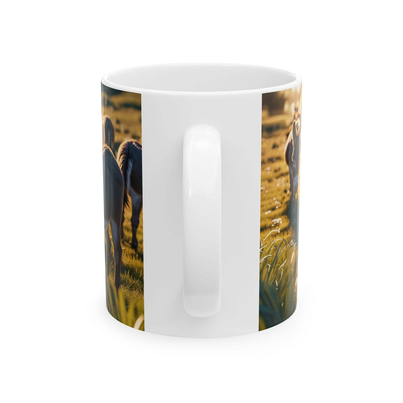 Cozy morning view of a 11oz Mug - Grazing Donkeys Ceramic Coffee Mug near a sunlit room window during a relaxed break.