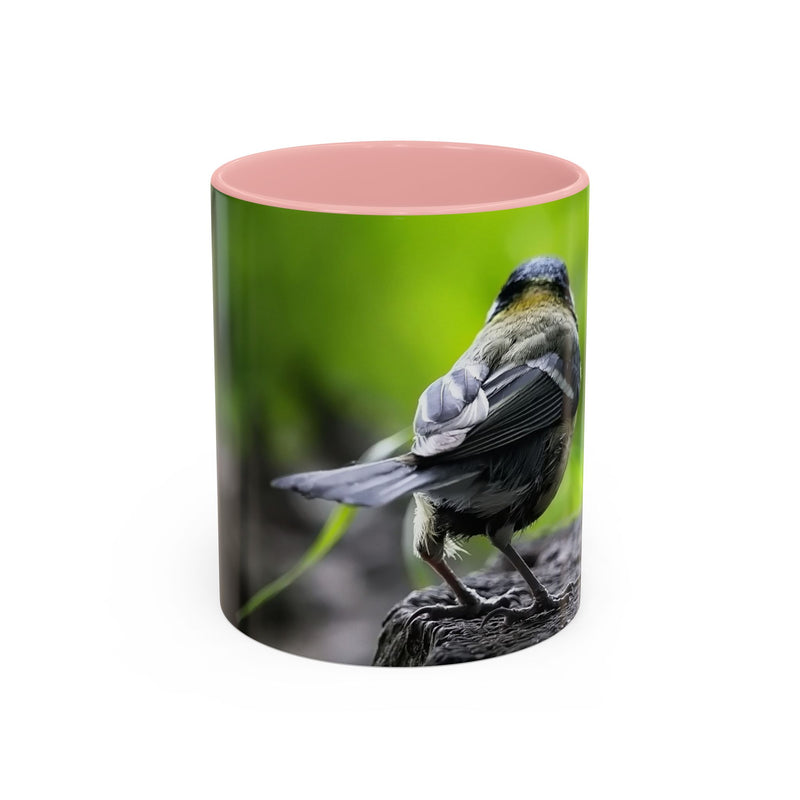 Ceramic 325ml bird photography accent coffee mug with a pink handle and pink inside.